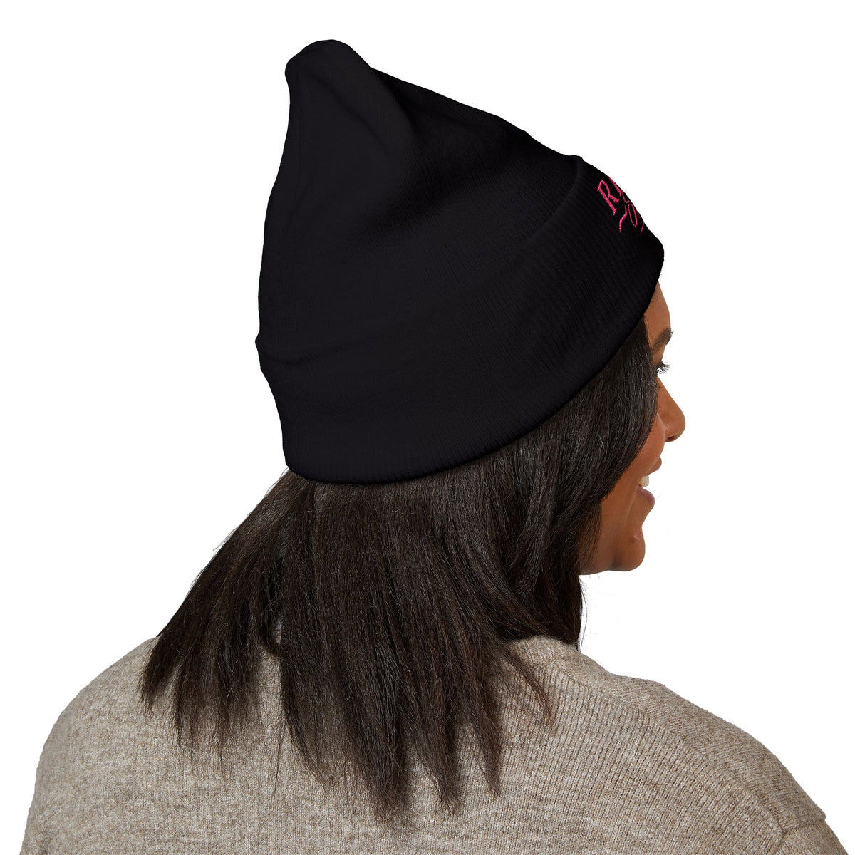 Embroidered 'Riora Boutique' Classic Cuffed Beanie - Pink Logo Knit Hat
