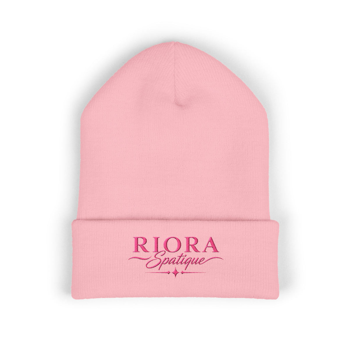 Embroidered 'Riora Boutique' Classic Cuffed Beanie - Pink Logo Knit Hat
