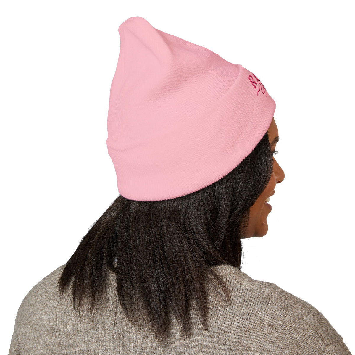 Embroidered 'Riora Boutique' Classic Cuffed Beanie - Pink Logo Knit Hat