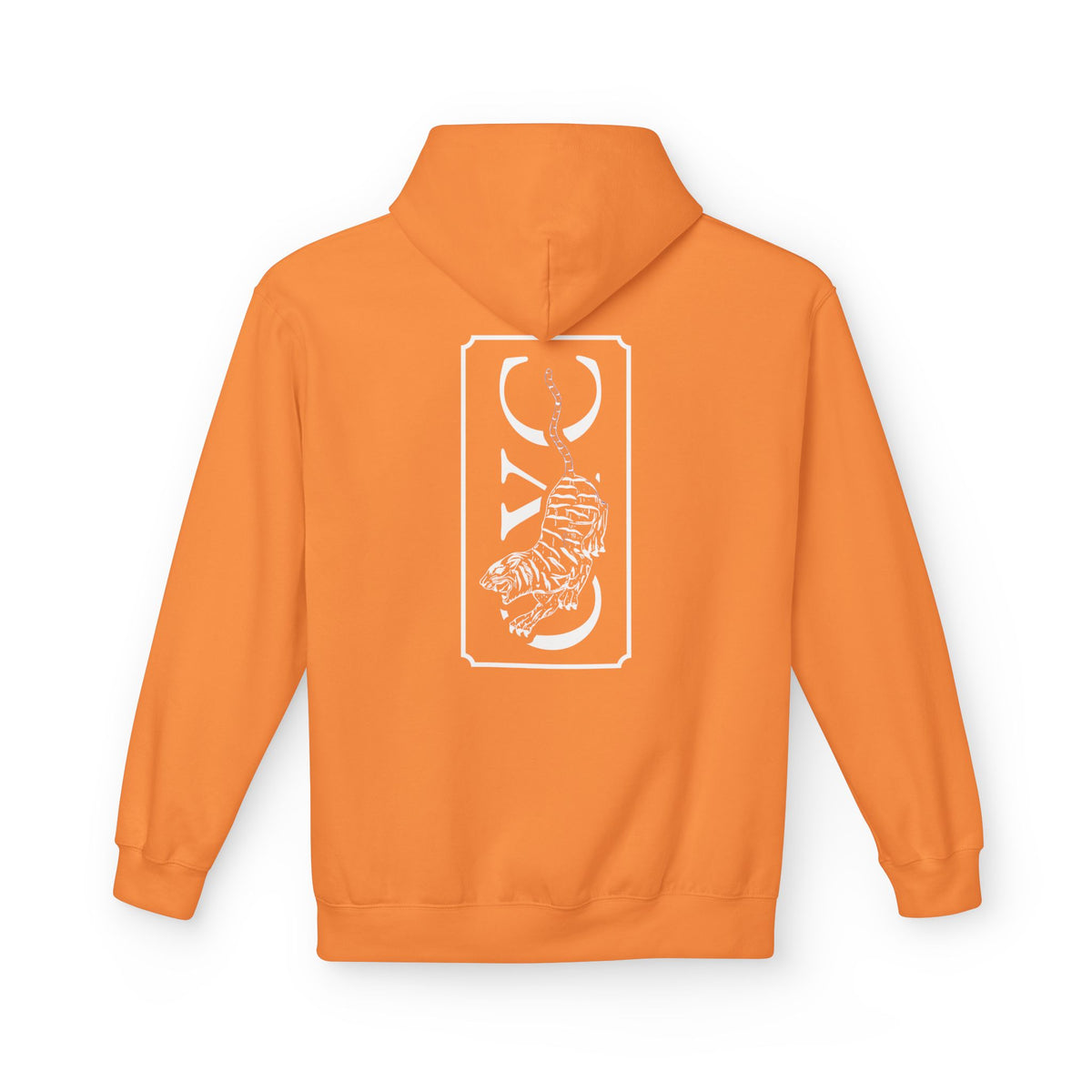 OYC Logo Hoodie — Orange Streetwear Pullover with Back Tiger Graphic