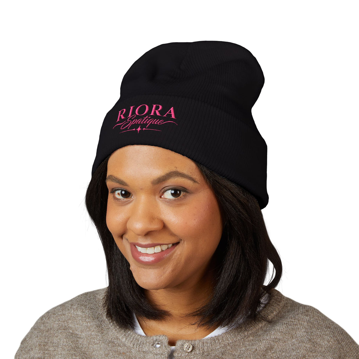 Embroidered 'Riora Boutique' Classic Cuffed Beanie - Pink Logo Knit Hat