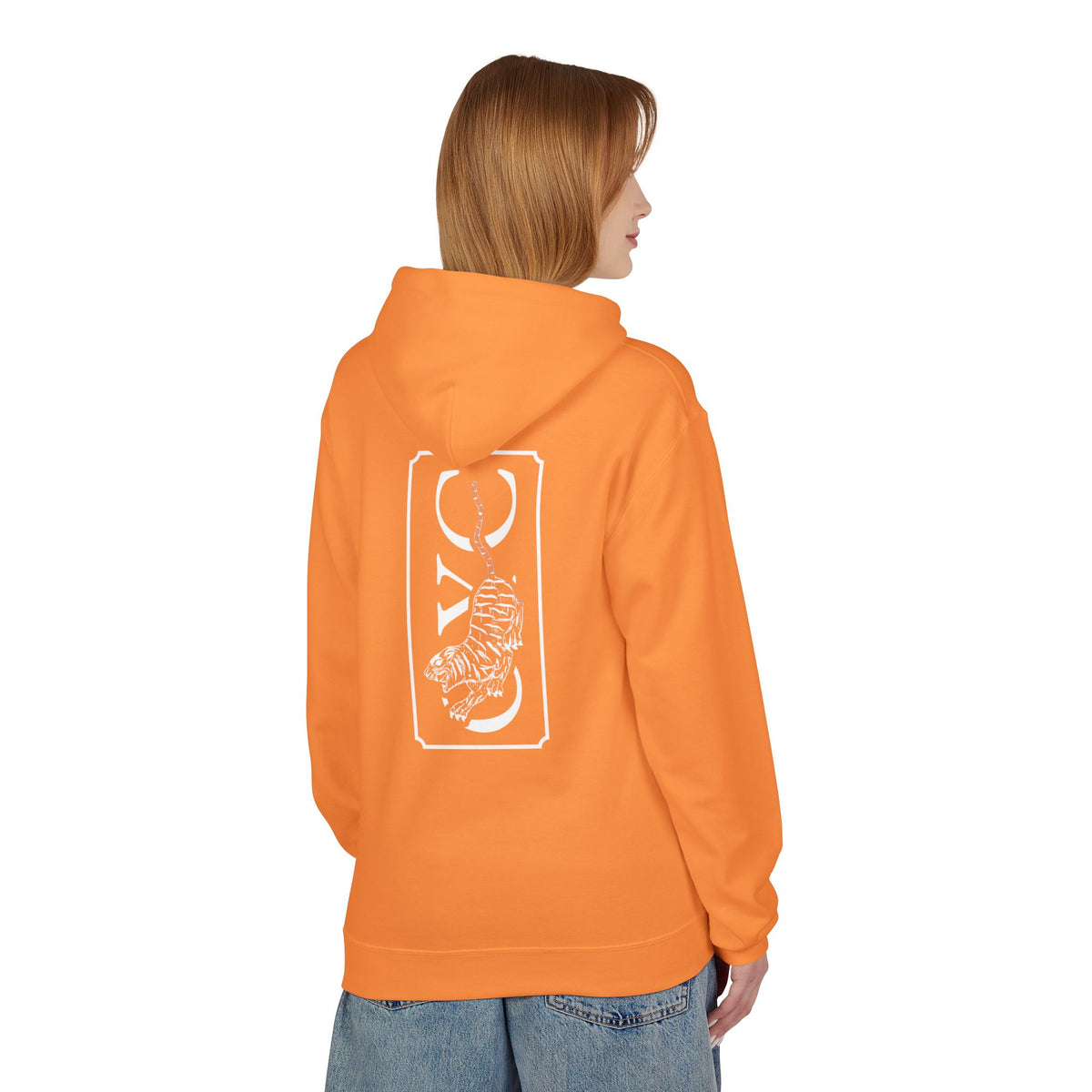 OYC Logo Hoodie — Orange Streetwear Pullover with Back Tiger Graphic