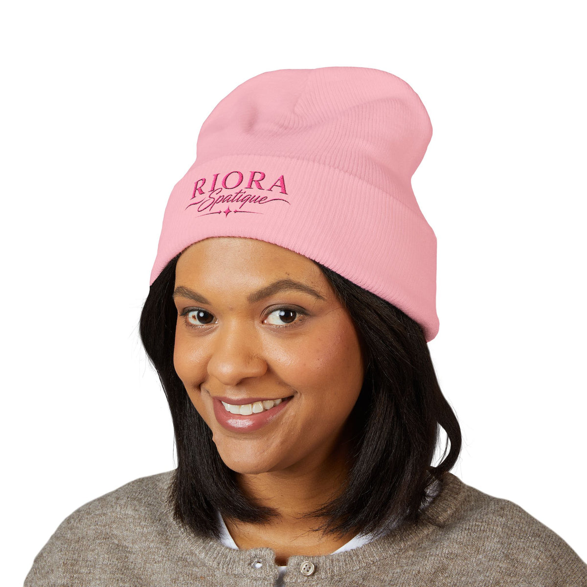 Embroidered 'Riora Boutique' Classic Cuffed Beanie - Pink Logo Knit Hat