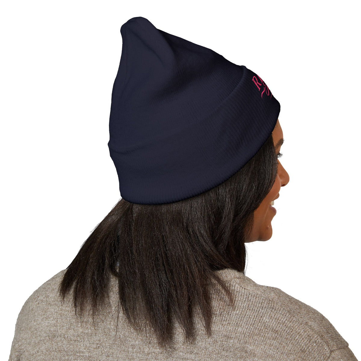 Embroidered 'Riora Boutique' Classic Cuffed Beanie - Pink Logo Knit Hat