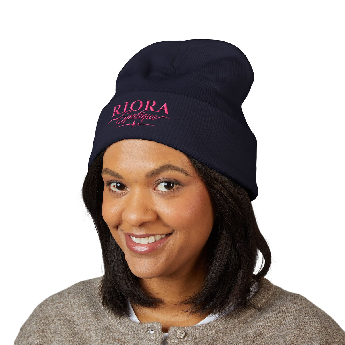 Embroidered 'Riora Boutique' Classic Cuffed Beanie - Pink Logo Knit Hat